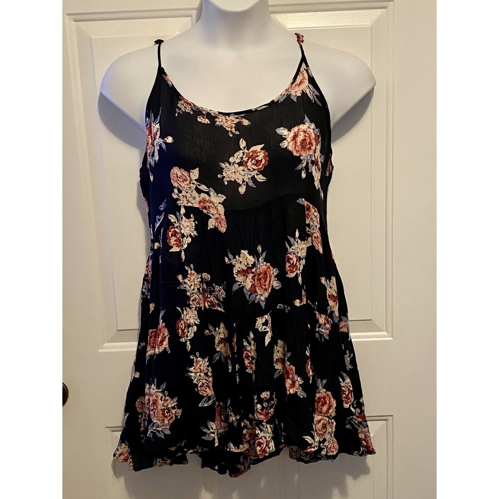 En Creme Anthropologie Blue Women's Floral Babydoll Top M Medium Blouse Shirt